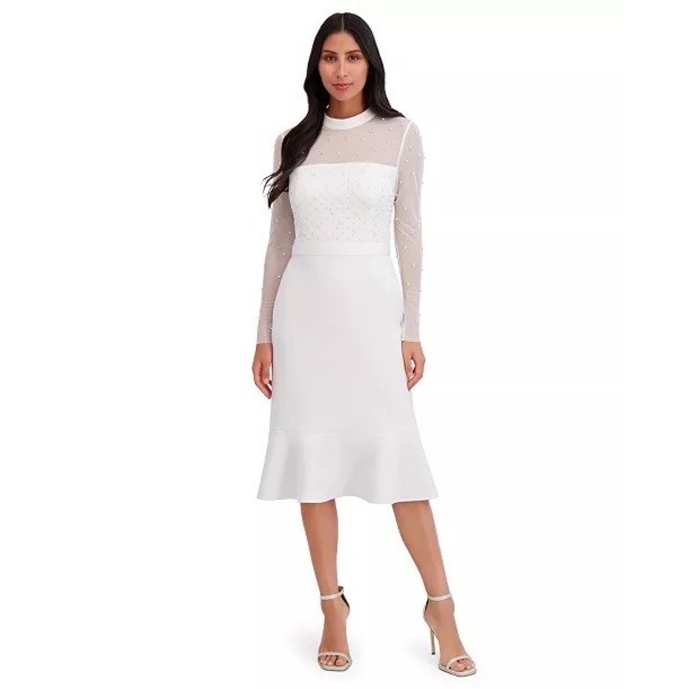 NEW London Times Dress Womens Ivory Pearl Rhinestone Mesh Flounce 10P $120